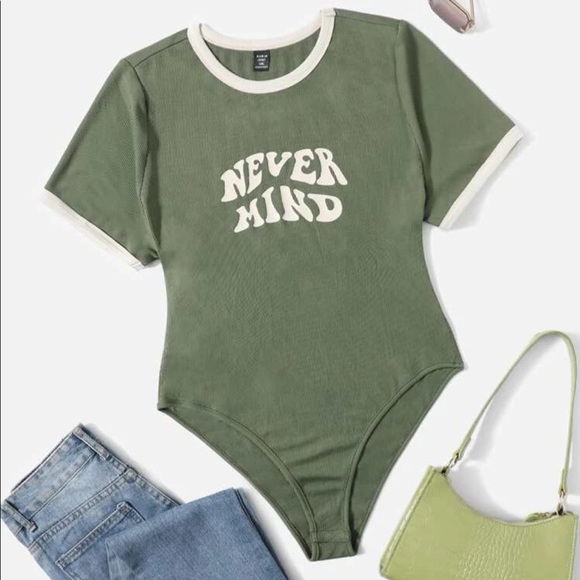 SHEIN Tops - SHEIN Green Graphic Contrast Binding Short Sleeve Tee Bodysuit